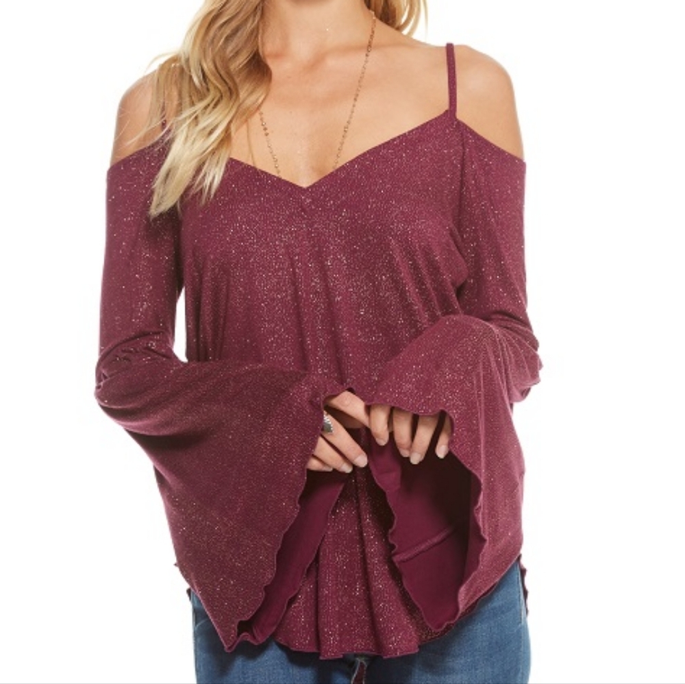 *NEW* CHASER Glitter Flounce Sleeve Top Maroon - Size Small - NWT